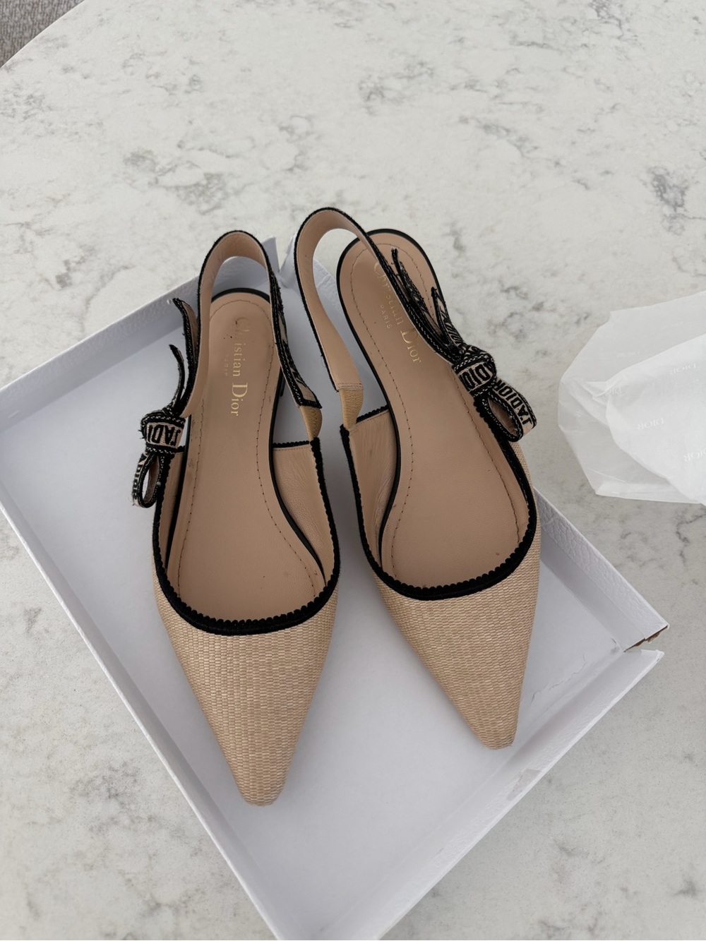 Dior Beige Pointed Raffia Slingback Flats with Black Trimnp - Picture 2 of 6